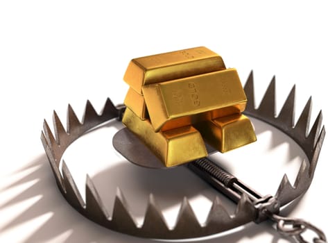 Bear trap with gold bars as bait on white background.