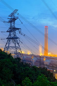 coal power station and night blue sky in hong kong