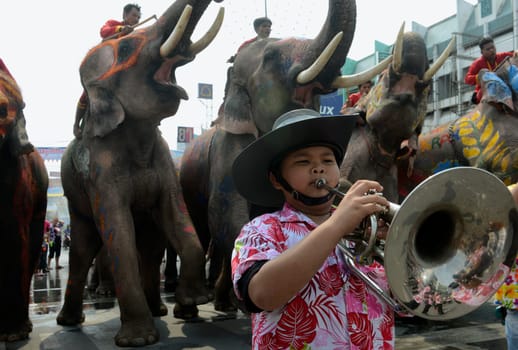 The Thai New Year or Songkran Festival or Water festival in the city of Ayutthaya north of Bangkok in Thailand in Southeastasia.