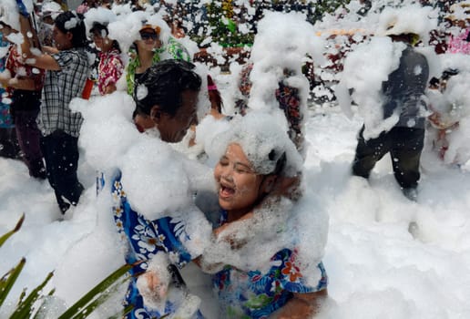 The Thai New Year or Songkran Festival or Water festival in the city of Ayutthaya north of Bangkok in Thailand in Southeastasia.