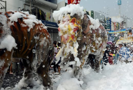 The Thai New Year or Songkran Festival or Water festival in the city of Ayutthaya north of Bangkok in Thailand in Southeastasia.