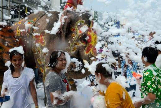 The Thai New Year or Songkran Festival or Water festival in the city of Ayutthaya north of Bangkok in Thailand in Southeastasia.