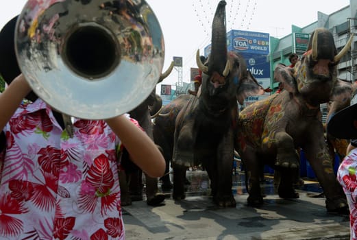 The Thai New Year or Songkran Festival or Water festival in the city of Ayutthaya north of Bangkok in Thailand in Southeastasia.