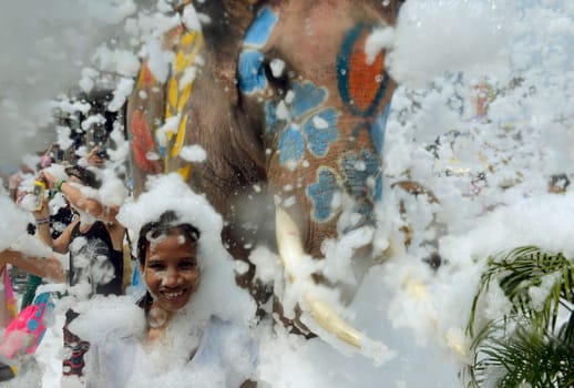 The Thai New Year or Songkran Festival or Water festival in the city of Ayutthaya north of Bangkok in Thailand in Southeastasia.
