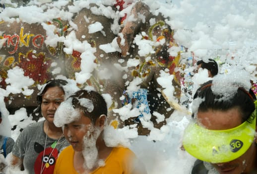The Thai New Year or Songkran Festival or Water festival in the city of Ayutthaya north of Bangkok in Thailand in Southeastasia.
