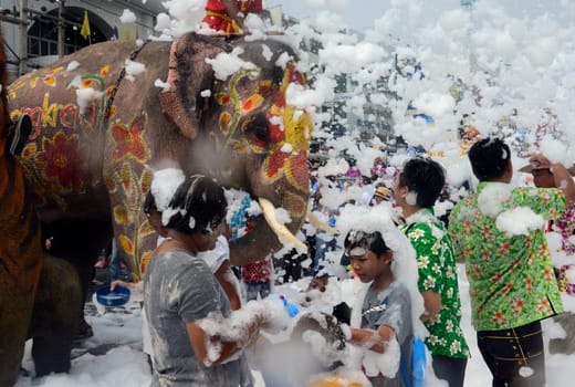 The Thai New Year or Songkran Festival or Water festival in the city of Ayutthaya north of Bangkok in Thailand in Southeastasia.