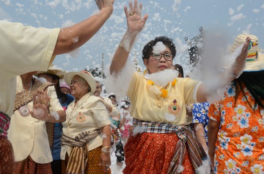 The Thai New Year or Songkran Festival or Water festival in the city of Ayutthaya north of Bangkok in Thailand in Southeastasia.