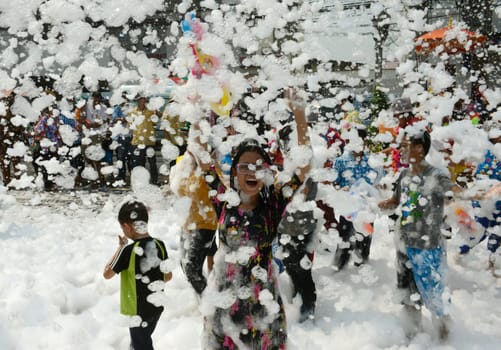 The Thai New Year or Songkran Festival or Water festival in the city of Ayutthaya north of Bangkok in Thailand in Southeastasia.