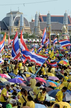 Tousends of Thai People at the ceremony of the coronation Day of the King Bhumibol on the Sanam Square Park on the 5. May in the city of Bangkok in Tahiland, Southeastasia.