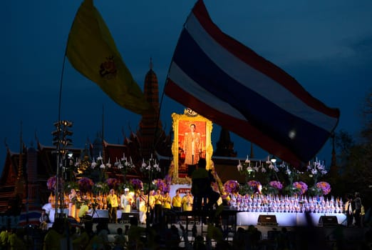 Tousends of Thai People at the ceremony of the coronation Day of the King Bhumibol on the Sanam Square Park on the 5. May in the city of Bangkok in Tahiland, Southeastasia.