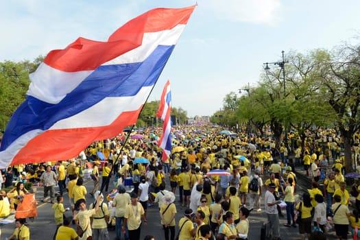 Tousends of Thai People at the ceremony of the coronation Day of the King Bhumibol on the Sanam Square Park on the 5. May in the city of Bangkok in Tahiland, Southeastasia.