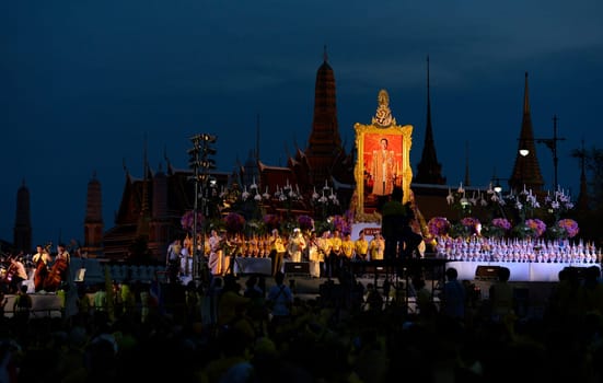 Tousends of Thai People at the ceremony of the coronation Day of the King Bhumibol on the Sanam Square Park on the 5. May in the city of Bangkok in Tahiland, Southeastasia.