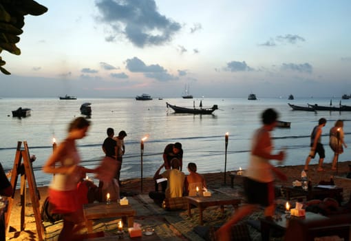 a restaurant at the Beach at Hat Sai Ri on thel Ko Tao Island in the Gulf of Thailand in the southeast of Thailand in Southeastasia.