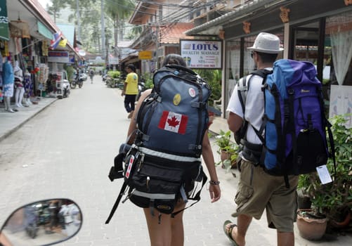 Backpackers  at Hat Sai Ri on thel Ko Tao Island in the Gulf of Thailand in the southeast of Thailand in Southeastasia.