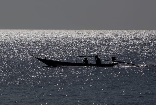 a boat at the Sai Naun Beach on the Ko Tao Island in the Gulf of Thailand in the southeast of Thailand in Southeastasia.