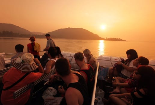 a Tourist Ferry on the way tu the Beach at Hat Sai Ri on the Ko Tao Island in the Gulf of Thailand in the southeast of Thailand in Southeastasia.
