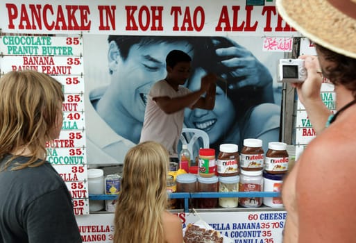 a pancake shop at the Beach at Hat Sai Ri on thel Ko Tao Island in the Gulf of Thailand in the southeast of Thailand in Southeastasia.