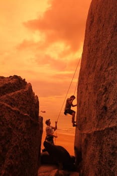 climbing at the Beach at Hat Sai Ri on thel Ko Tao Island in the Gulf of Thailand in the southeast of Thailand in Southeastasia.