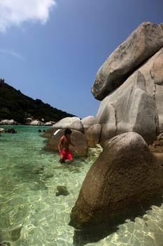 The beach and island landscape on the island of Koh Naang Yuan next to the island of Ko Tao in the Gulf of Thailand in the south western of Thailand in South East Asia.