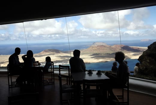 the Mirador del Rio viewpoint on the Island of Lanzarote on the Canary Islands of Spain in the Atlantic Ocean. on the Island of Lanzarote on the Canary Islands of Spain in the Atlantic Ocean..