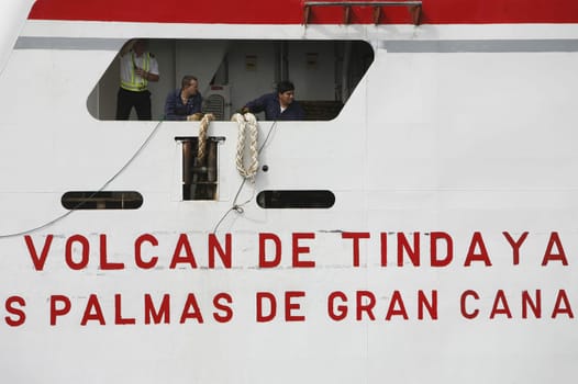 the Ferry on the conection from Playa Blanca on Lanzarote and Corralejo on Fuerteventura on the Canary Islands of Spain in the Atlantic Ocean. on the Island of Lanzarote on the Canary Islands of Spain in the Atlantic Ocean..