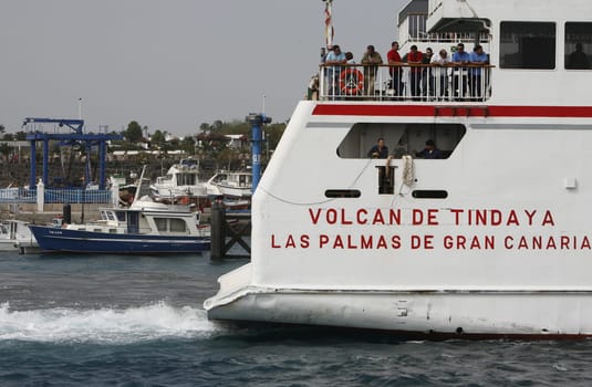 the Ferry on the conection from Playa Blanca on Lanzarote and Corralejo on Fuerteventura on the Canary Islands of Spain in the Atlantic Ocean. on the Island of Lanzarote on the Canary Islands of Spain in the Atlantic Ocean..