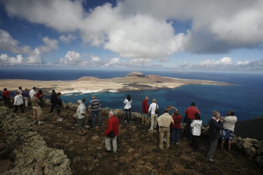 the Mirador del Rio viewpoint on the Island of Lanzarote on the Canary Islands of Spain in the Atlantic Ocean. on the Island of Lanzarote on the Canary Islands of Spain in the Atlantic Ocean..