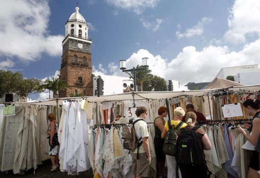 the sunday market in the old town of Teguise on the Island of Lanzarote on the Canary Islands of Spain in the Atlantic Ocean. on the Island of Lanzarote on the Canary Islands of Spain in the Atlantic Ocean..