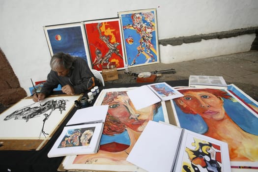 the sunday market in the old town of Teguise on the Island of Lanzarote on the Canary Islands of Spain in the Atlantic Ocean. on the Island of Lanzarote on the Canary Islands of Spain in the Atlantic Ocean..