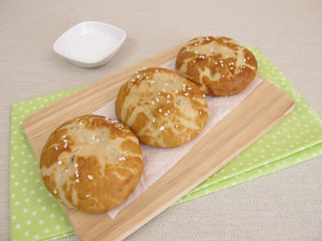Homemade lye rolls sprinkled with salt