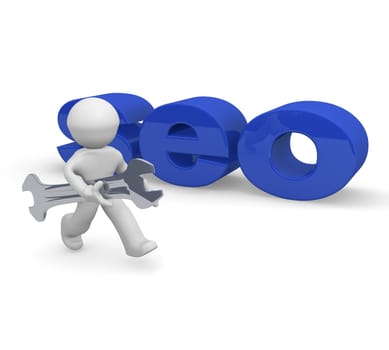Small character with a wrench and the word SEO, 3d rendering