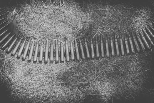 ammo to machine guns on grass,black and white