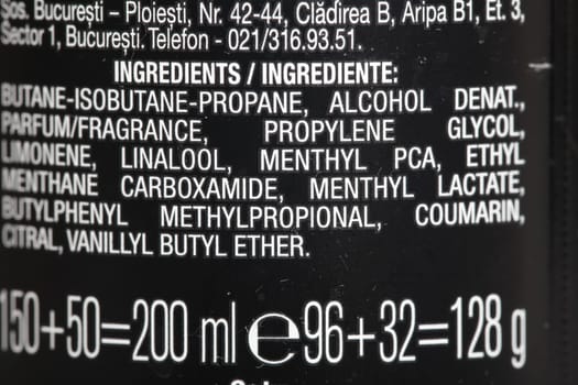 Ingredients of a deodorant bottle