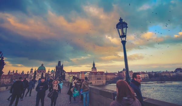prague,march 18: charles bridge in prague,full of people 18,2016 in prague - czech republic