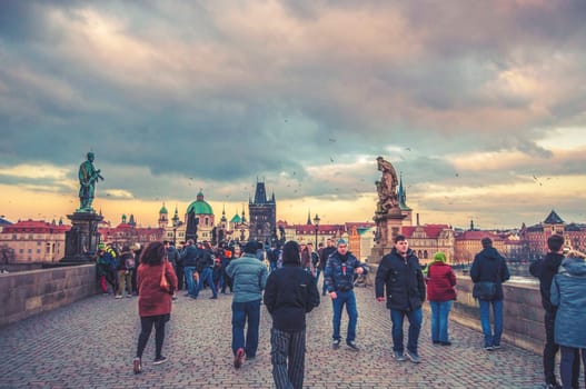 prague,march 18: charles bridge in prague,full of people 18,2016 in prague - czech republic