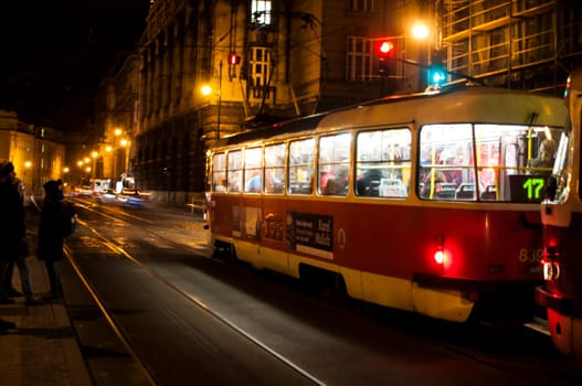 prague,march 18: old tram in motion blur,18,2016 in prague - czech republic