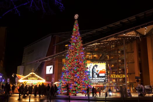 Christmas tree at Marlene Dietrich Platz at Potsdamer Platz in Berlin