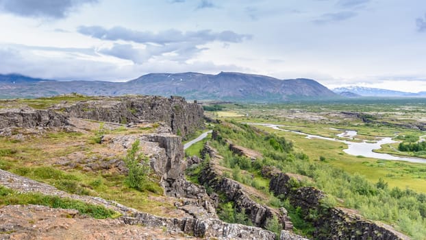 Beautiful view in Thingvellir National Park, Southern Iceland, selective focus