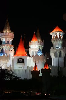 Las Vegas,United States – December 23,2015: The colorful towers and battlements of the Excalibur Casino on Las Vegas Boulevard on the night of December 23,2015 in Las Vegas.