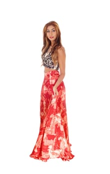 A beautiful slim young woman standing in a red skirt and short top.in profile isolated for white background..