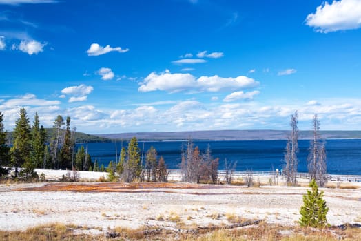 View of West Thumb Geyser Basin on Yellowstone Lake in Yellowstone National Park