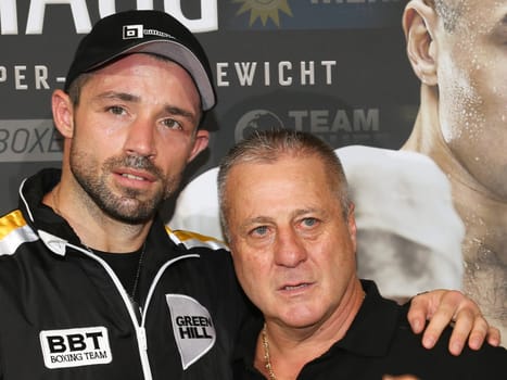 WBA super middleweight boxing champion Giovanni De Carolis with trainer Italo Mattioli at SAT1 Ran - Boxing on 16.07.2016 in the Max-Schmeling-Halle Berlin