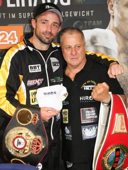 WBA super middleweight boxing champion Giovanni De Carolis with trainer Italo Mattioli at SAT1 Ran - Boxing on 16.07.2016 in the Max-Schmeling-Halle Berlin