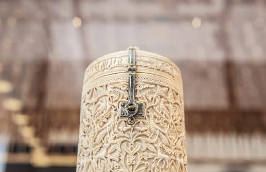 Madrid, Spain - July 10, 2016: Antique ivory box made during Arabic Middle Age rule in Spain at National Archeological Museum of Madrid