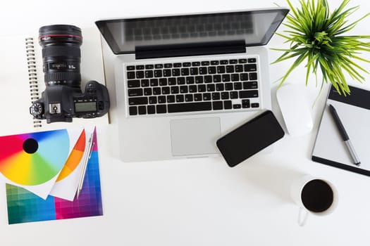 photography work space on top view