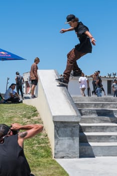 POVOA DE VARZIM, PORTUGAL - JULY 24, 2016: Thiago Monteiro during  the 2nd Stage of DC Skate Challenge by Moche.