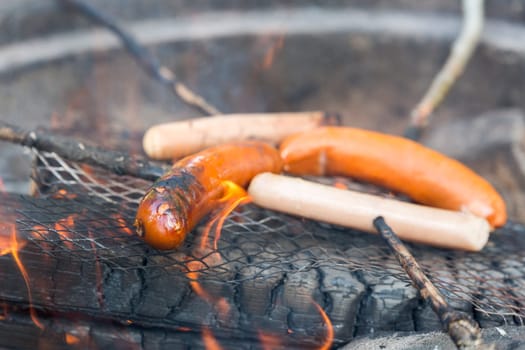 Sausage on Barbecue with Flames.