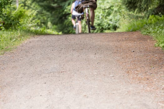 Bikers on Gravel Path with vegetation.