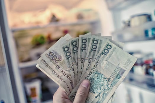 hand with pln money in the front of the open fridge