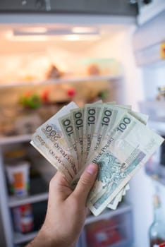 hand with pln money in the front of the open fridge